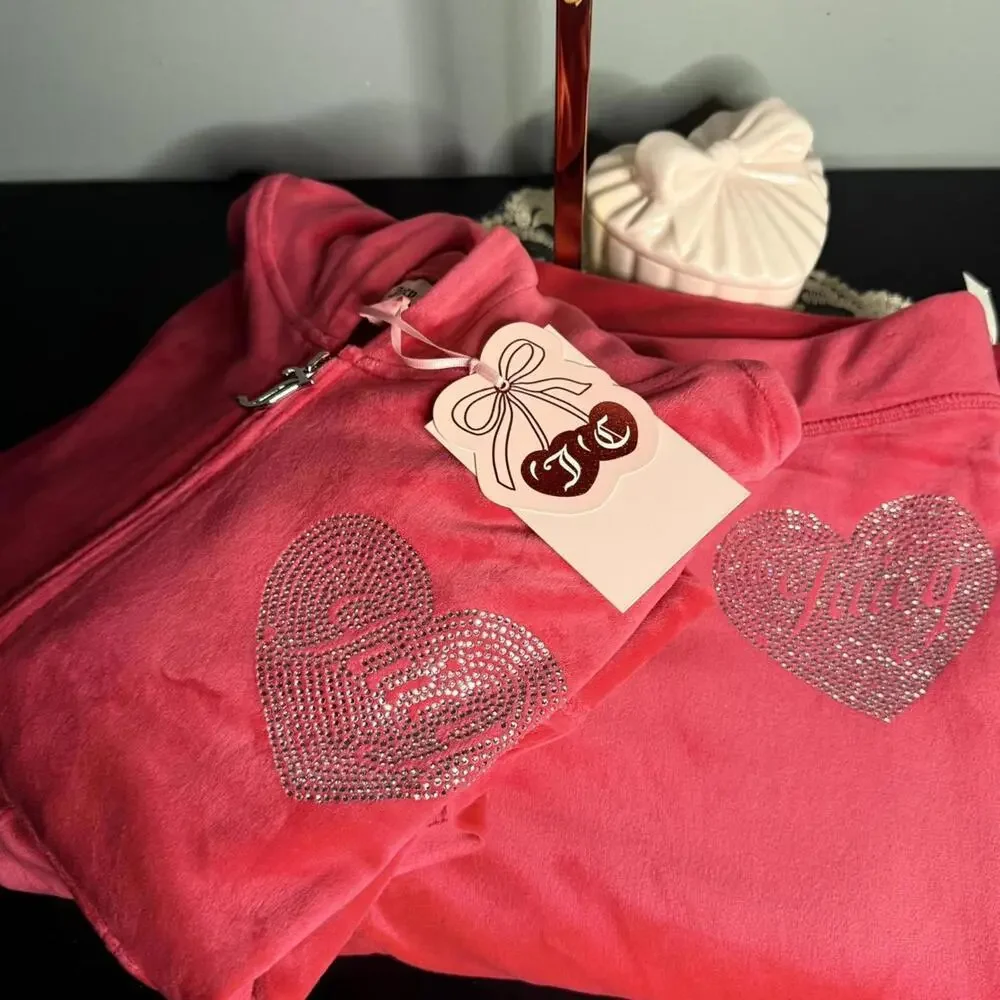 Juicy Couture Pink Velour Rhinestone Heart Tracksuit Set Hoodie Pants L NWT